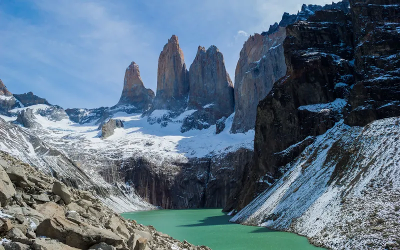 The granite towers of Torres del Paine above a lake in Chilean Patagonia